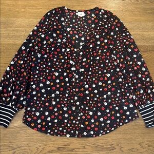 CAbi Black Floral Blouse with Red and Orange Accents